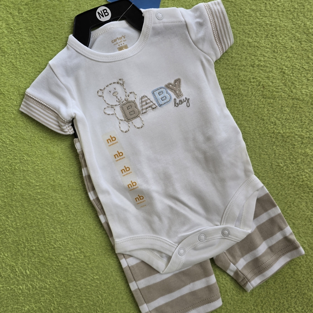 NWT 6-9M Baby BOY 2p PANTS SET Cute TEDDY BEAR Blue & Tan Cotton (Q1)